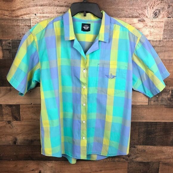 Dockers Striped Blouse Plaid Pastel Button Front Short Sleeve Front Pocket Large - Picture 2 of 8